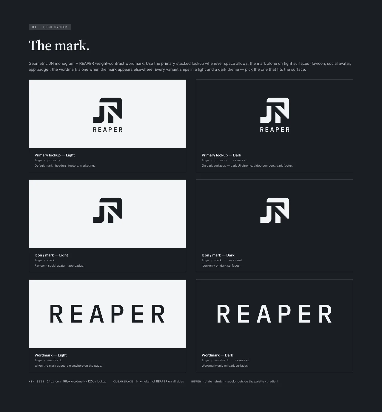 01 · Mark + lockups — dark theme