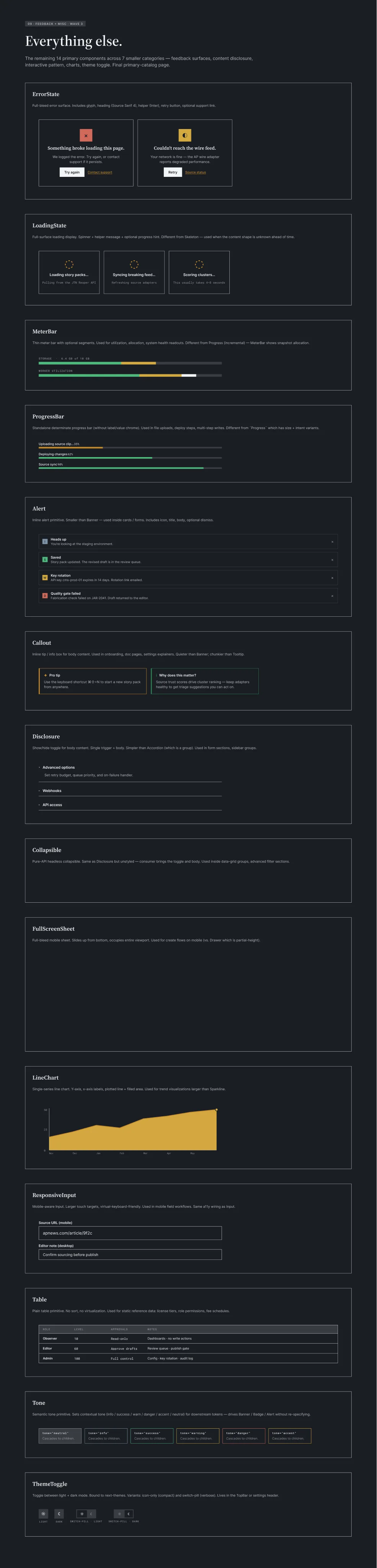 Catalog · Feedback + Misc — dark theme