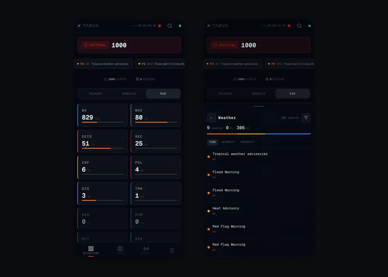 On the phone: the Situation board, and a category opened as a bottom sheet.